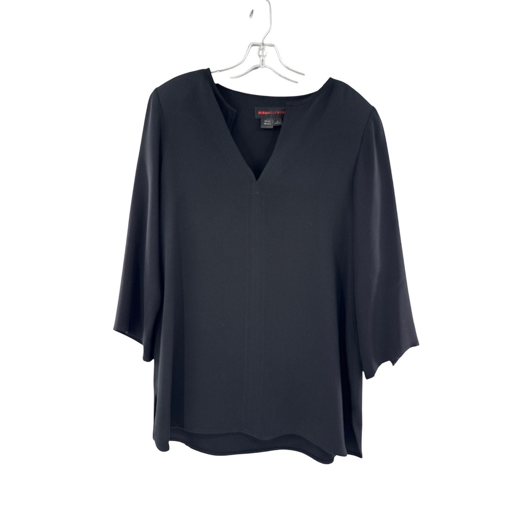 NINA‎ MCLEMORE Black 100% Silk V-Neck 3/4 Sleeve Top Size 8